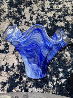 Large MURANO Art Glass Bowl Cobalt Blue Clear Handkerchief Italy Hand Blown Vtg