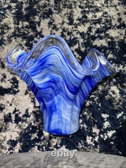 Large MURANO Art Glass Bowl Cobalt Blue Clear Handkerchief Italy Hand Blown Vtg