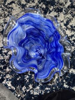 Large MURANO Art Glass Bowl Cobalt Blue Clear Handkerchief Italy Hand Blown Vtg