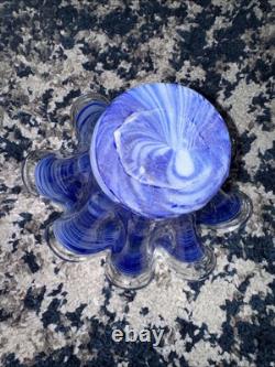 Large MURANO Art Glass Bowl Cobalt Blue Clear Handkerchief Italy Hand Blown Vtg