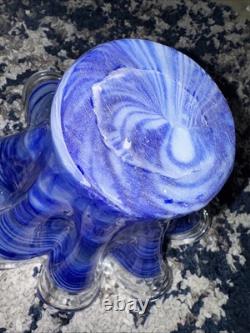 Large MURANO Art Glass Bowl Cobalt Blue Clear Handkerchief Italy Hand Blown Vtg