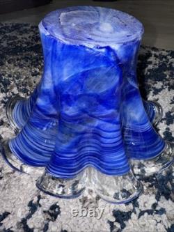 Large MURANO Art Glass Bowl Cobalt Blue Clear Handkerchief Italy Hand Blown Vtg