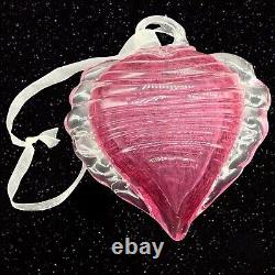 Large MURANO Art Glass Heart Pendant Pink With Clear Ruffles 5.5L 5W