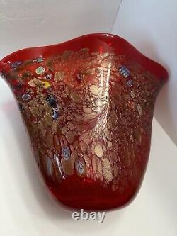 Large Modernist Art Glass Red Gold Glitter Murano Vase Cristalleria D'Arte