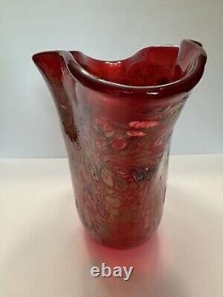 Large Modernist Art Glass Red Gold Glitter Murano Vase Cristalleria D'Arte