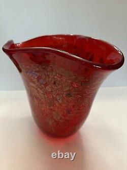 Large Modernist Art Glass Red Gold Glitter Murano Vase Cristalleria D'Arte