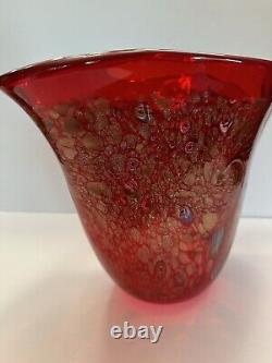 Large Modernist Art Glass Red Gold Glitter Murano Vase Cristalleria D'Arte