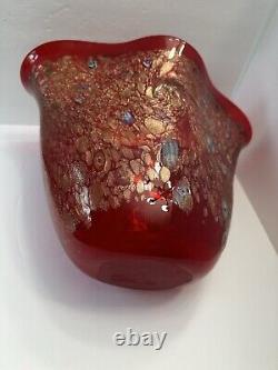 Large Modernist Art Glass Red Gold Glitter Murano Vase Cristalleria D'Arte