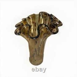 Large Murano Art Glass Vase 18 Amber Brown Spotted Ruffled Hand Blown Italy