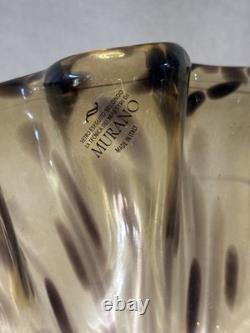Large Murano Art Glass Vase 18 Amber Brown Spotted Ruffled Hand Blown Italy