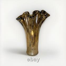 Large Murano Art Glass Vase 18 Amber Brown Spotted Ruffled Hand Blown Italy