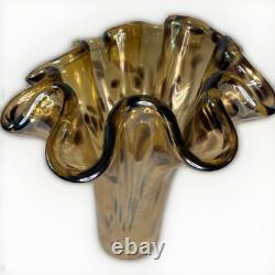 Large Murano Art Glass Vase 18 Amber Brown Spotted Ruffled Hand Blown Italy