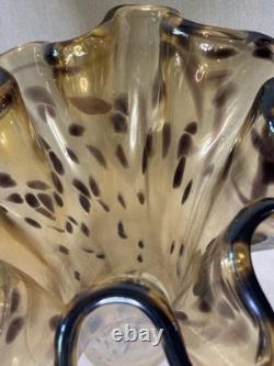 Large Murano Art Glass Vase 18 Amber Brown Spotted Ruffled Hand Blown Italy
