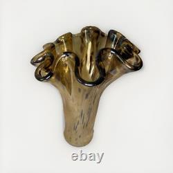 Large Murano Art Glass Vase 18 Amber Brown Spotted Ruffled Hand Blown Italy