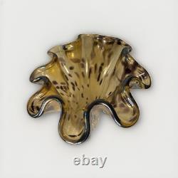 Large Murano Art Glass Vase 18 Amber Brown Spotted Ruffled Hand Blown Italy