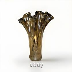 Large Murano Art Glass Vase 18 Amber Brown Spotted Ruffled Hand Blown Italy