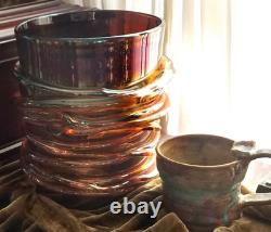 Large Murano Hand Blown Glass Vase Planter Cachepot, Iridescent Copper & Gold