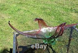 Large Murano Somerso Centerpiece Bowl Hand Blown Fruit Dish Cranberry Green