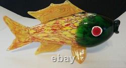 Large Murano Style Hand Blown Art Glass Fish Figurine Yellow, Red & Green