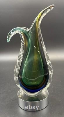 Large Murano Style Hand Blown Art Glass Sculptural Vase Green White Blue