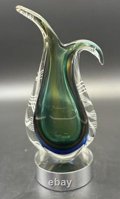 Large Murano Style Hand Blown Art Glass Sculptural Vase Green White Blue