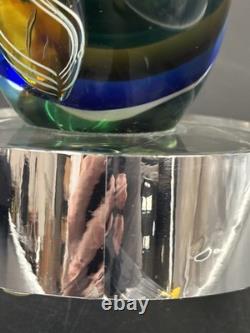 Large Murano Style Hand Blown Art Glass Sculptural Vase Green White Blue
