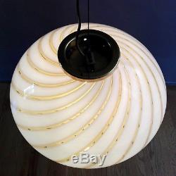 Large Murano hand-blown white&gold swirled glass and brass 60s pendant lamp