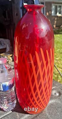 Large Red Cased Art Glass Vase Orange Spiral Canes Hand Blown 15 Murano Style