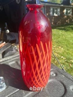 Large Red Cased Art Glass Vase Orange Spiral Canes Hand Blown 15 Murano Style