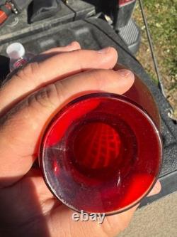 Large Red Cased Art Glass Vase Orange Spiral Canes Hand Blown 15 Murano Style