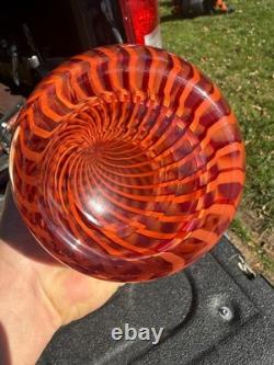 Large Red Cased Art Glass Vase Orange Spiral Canes Hand Blown 15 Murano Style