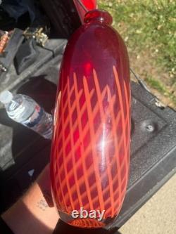 Large Red Cased Art Glass Vase Orange Spiral Canes Hand Blown 15 Murano Style