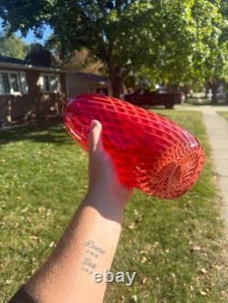Large Red Cased Art Glass Vase Orange Spiral Canes Hand Blown 15 Murano Style