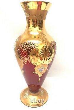 Large Vintage Murano Art Glass 24K Gold Gilded Ruby Red Tall Vase Venetian 17