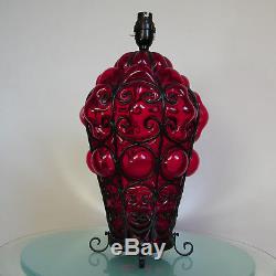 Large Vintage Venetian Murano Red Hand Blown Caged Glass Table Lamp 2 Lights