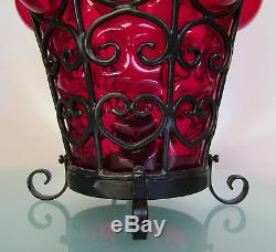Large Vintage Venetian Murano Red Hand Blown Caged Glass Table Lamp 2 Lights