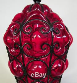 Large Vintage Venetian Murano Red Hand Blown Caged Glass Table Lamp 2 Lights