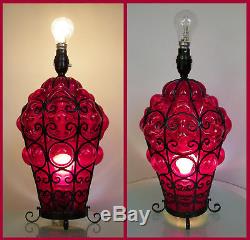 Large Vintage Venetian Murano Red Hand Blown Caged Glass Table Lamp 2 Lights