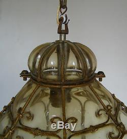 Large Vtg Venetian Murano Hand Blown Caged Glass Lantern Hanging Ceiling Light