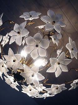 Large White CHANDELIER with hand blown Murano Glass Flowers Italy 1970s