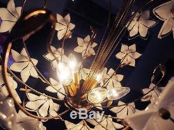 Large White CHANDELIER with hand blown Murano Glass Flowers Italy 1970s