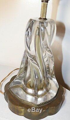 Large antique hand blown thick clear art glass brass electric table lamp Murano