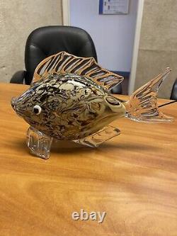 Large/heavy 11.5 Murano Style Hand Blown Art Glass Fish Figurine Beige & Brown