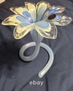Lavorazione Arte Murano Italy Hand Blown Art Glass Flower Blue Yellow Sculpture