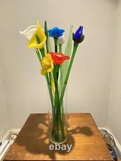 Long Stem Art Glass Flowers Set of 8 Plus Three Blades Of Grass Murano Style