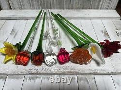 Long Stem Blown Art Glass Murano Style Variety Of Flowers 12 Lot Of 8 Read