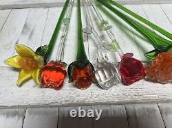 Long Stem Blown Art Glass Murano Style Variety Of Flowers 12 Lot Of 8 Read