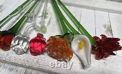 Long Stem Blown Art Glass Murano Style Variety Of Flowers 12 Lot Of 8 Read