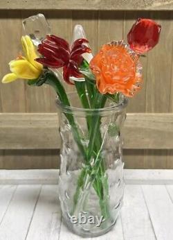 Long Stem Blown Art Glass Murano Style Variety Of Flowers 12 Lot Of 8 Read