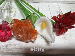 Long Stem Blown Art Glass Murano Style Variety Of Flowers 12 Lot Of 8 Read